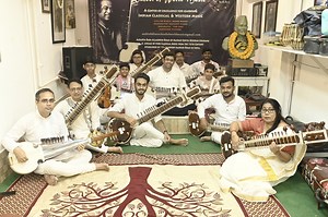 Aashish Khan School of World Music ensemble preparing for Sangeet Samarpan to our Guru Ustad Dhyanesh Khan, a 3 day-long Hindustani Classical Music & Dance Celebration on the occasion of Ustad Dhyanesh Khan's 82nd Birth Anniversary will be held at the Satyajit Ray Auditorium ICCR Kolkata organised by Annapurna Devi Foundation & Aashish Khan School of World Music. Requesting all of you to send your virtual blessing and encouragement for their performance on Day 3, Saturday 11th May 2024 at Iccr R