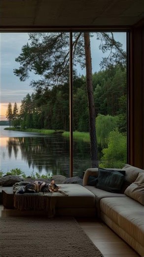 Live Cozy Cabin by the Lake 🌅 Nature Sounds, Fireplace & Birds Ambience