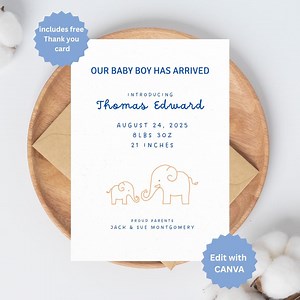 Elephant Baby Announcement Template: Canva Customizable (digital Download) - Etsy