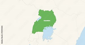 World Map Zoom In To Uganda. Animation in 4K Video. Green Uganda Territory On Blue and White World Map