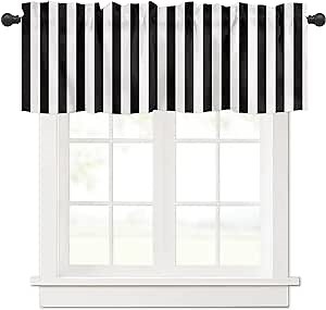 Kitchen Curtain Valance for Kitchen and Bathroom Room Darkening Rod Pocket Window Treatment Valance,Black White Stripe 1 Panel, 60 x 18 Inch