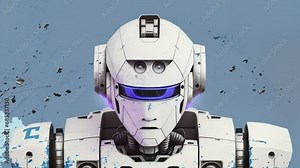 The piercing gaze of a robot on a blue background, robots are machines of the future.
