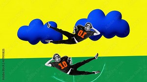 Smiling young man, baseball player in uniform catching ball in jump against yellow green background. Stop motion, animation. Bright colorful design.