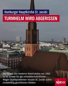 Die evangelische Hamburger Hauptkirche St. Jacobi verliert ihr markantes Aussehen. Der Turmhelm mit den Henkeln muss abgerissen werden. Der Grund: Die moderne Konstruktion von 1963 ist zu schwer für die mittelalterliche Kirche. Wegen Statikproblemen musste St. Jacobi auch schon monatelang geschlossen bleiben. Mehr Infos gibt es hier: https://www.ndr.de/nachrichten/hamburg/hamburger-hauptkirche-st-jacobi-verliert-ihren-markanten-turmhelm,stjacobi-100.html | NDR Hamburg