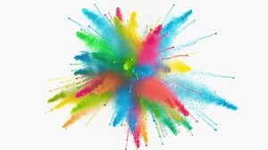Explosion Color of Colorful Particles Powder 3d Animated on White Background. Bright Multicolor Burst Paint in Slowmotion. Abstract Iridescent Shockwave. Blowup Art Visual Colored Mix Effect Close-up