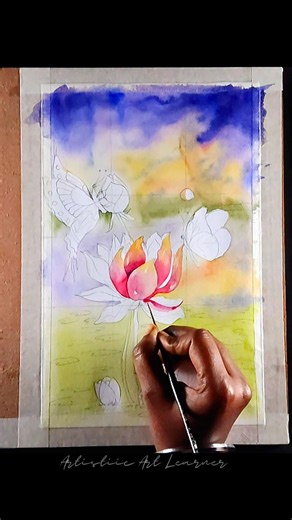 Butterfly watercolor painting with lotus 🪷 flower painting. #watercolorpainting #painting