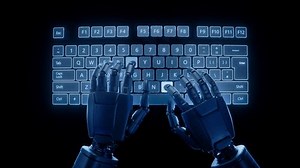 Top view of Humanoid Robot Hands Typing on Futuristic Touch Keyboard. Humanoid Robot Quickly Programming on Glass Keyboard. Concept: Artificial Intelligence Assistant Writing Text