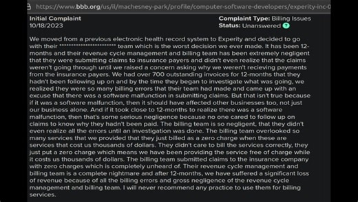 Experity Accused Of Botching Records / Sending Wrong Info To Insurance Companies - BBB Complaint