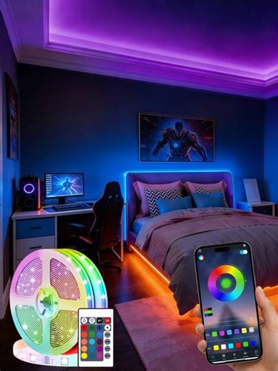 Bluetooth RGB LED Strip Light With App & Remote Control, Wireless Battery Powered (2 AAA Batteries), Color Changing Lights For TV, Bedroom, Gaming And Party. Music Sync And DIY Mode. Size 3.3ft - 131ft | SHEIN