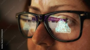 Cg collage with double reflection in search points on Internet pages and symbol of an electronic cloud storage service. Female face