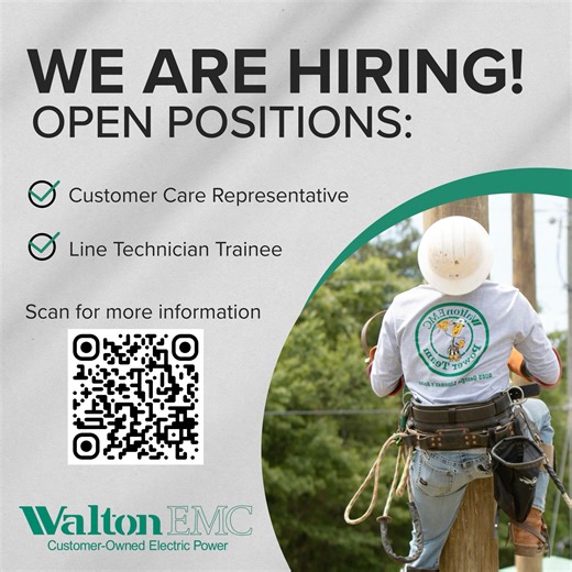 5.4K views · 44 reactions | We are hiring! Open positions: - Customer Care Representative - Line Technician Trainee Please visit https://www.waltonemc.com/about/careers/ for more information. Applicants may apply by written application at the Monroe, Snellville or Watkinsville office. You may also email your resume to careers@waltonemc.com. Applications will be accepted until Friday, January 12, 2024. | Walton EMC | Facebook