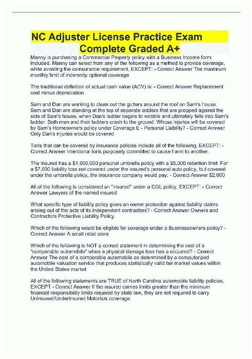 Latest NC Adjuster License Practice Exam Complete Graded A157 video