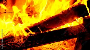 Firewood is burning in the fireplace.Cozy mood.Burning Logs. Fire flame.Hot logs burn. High quality 4k footage