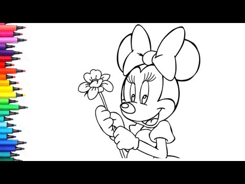 Minnie Mouse holding flower Drawing, Painting & Coloring For Children and Toddlers_ Easy Art