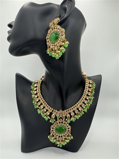 Kundan Indian Jewelry Set: Gold-plated Green Jade Necklace Earrings - Etsy
