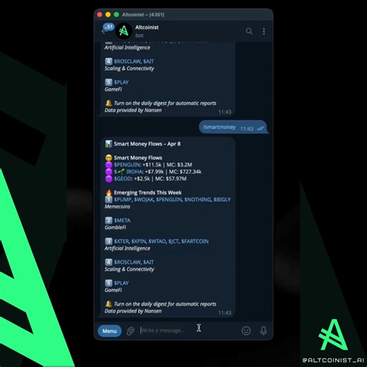 "I don't have 10 hours a day for trenching."you can literally get free signals & set up automated trading on @Altcoinist in two minutes. here's how:1. start @altcoinist_ai on TG 2. fund your wallet3. command: /signals 4. choose "altcoinist signals"5. set up auto-snipe amount & TP levelsexample for auto TP initials at 2X:- buy amount: $- take profit: 100%- take profit: 50% of my positionif this is still too complex for you, may your own agent help you, in the not-too-distant future... 👀link shar