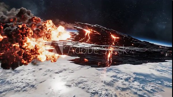 Burning alien spaceship crashing through earth atmosphere with fire and smoke. Cinematic sci-fi concept