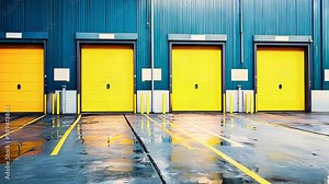 Industrial loading dock with vibrant yellow doors, reflecting wet pavement, and clean, organized layout in a modern warehouse facility.