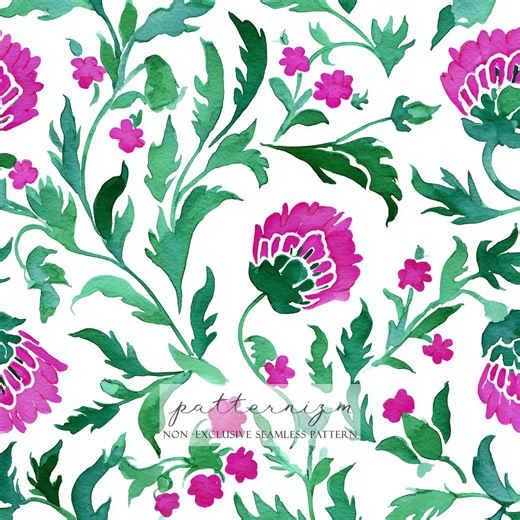 Watercolor Pink Floral Seamless Pattern – Green Leaves, Painterly Vintage Flowers, Digital Paper for Fabric & Crafts - Etsy