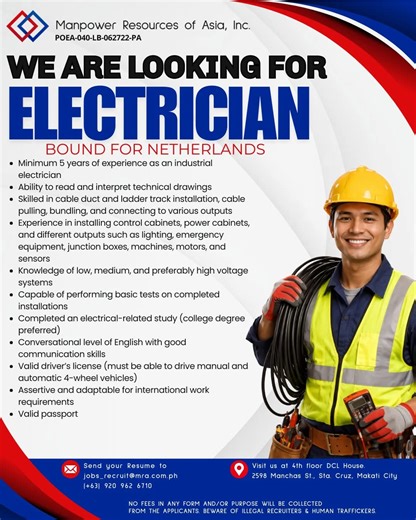 Your Next Career Move Starts Here! We’re looking for experienced Electricians ready to take their skills to the Netherlands. Great opportunities, competitive requirements, and a chance to grow internationally. Send your resume today! 📩 Apply now: jobs_recruit@mra.com.ph | 📞 ( 63) 928 504 8146 Agency: MRA 📍 Visit us: 4th Floor, DCL House, Makati City 📱 𝗦𝘁𝗮𝘆 𝗖𝗼𝗻𝗻𝗲𝗰𝘁𝗲𝗱: Follow us for updates and opportunities: 🔗 Facebook -https://www.facebook.com/mralandbased/ 🔗 LinkedIn - https: