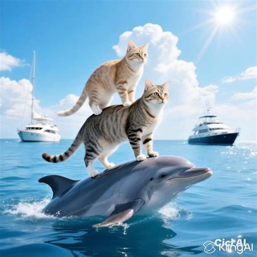 Unbelievable! Two Cats Riding a Dolphin in the Wild 🐾🌊🐬