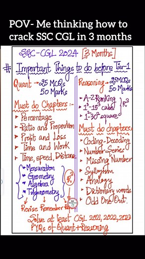 SSC Preparations (CGL+CHSL+CPO) and Railways Exams on Instagram: "Cracking SSC CGL 2024 in 3 Months (Use this Strategy) 1. Understanding the Exam Pattern and Syllabus 2. Structured Study Plan: Develop a well-structured study plan that allocates sufficient time to each subject and topic. 3. Start your preparation by revising basic concepts and fundamentals in each subject area 4. Focus on each subject area individually and allocate dedicated time to cover all topics comprehensively 5. Regular Pra