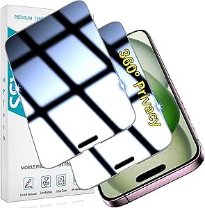 HPTech (2 Pack) 4 Way 360° Privacy Screen Protector Designed for iPhone 15 Plus Anti-Spy Tempered Glass, Full Coverage, Anti Scratch, Bubble Free, Case Friendly, Black