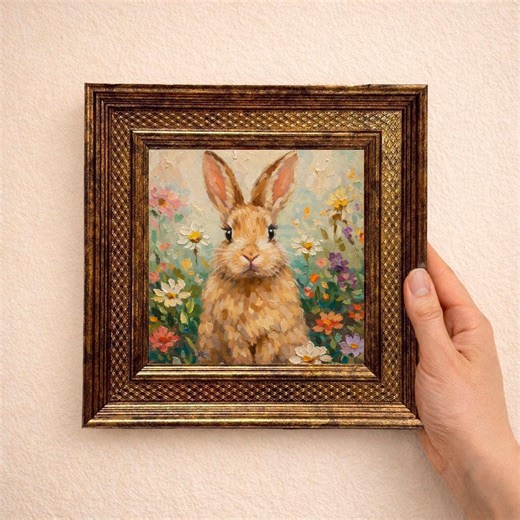 Cute Bunny Oil Painting, Rabbit in Flower Meadow Art, Spring Bunny Wall Art, Cottagecore Animal Painting, Rabbit Lover Gift - Etsy