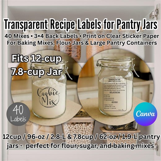 40 Transparent Recipe Labels • Fits 12‑cup Pantry Jars • 3x4 Printable Back Labels • Cooking   Refill   Add‑in • Clear Sticker PNG - Etsy