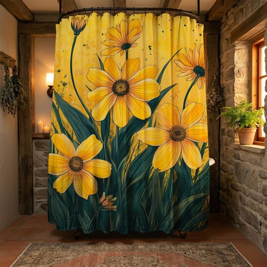 Yellow Floral Shower Curtain, Bright Wildflower Watercolor Art Print, Waterproof Fabric 72x72 - Etsy
