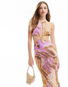 ASOS DESIGN halter cut out midaxi dress with satin bodice in soft rust | ASOS