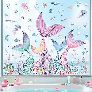 decalmile Mermaid Tail Window Clings Under The Sea Mermaid Bubble Seaweed Window Decals Anti-Collision Glass Window Doors Window Stickers