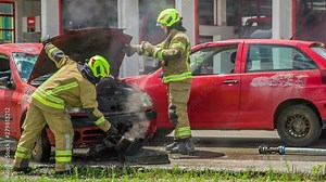 Two firefighters have finally extinguished a car and now, they are checking a damage.