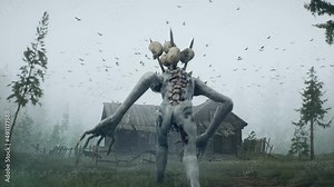 Mystical forest monster heading towards an old abandoned hut. Concept of a creepy fairy tale creature from a mystical forest. The animation is perfect for scary, fantastical and fairytale backgrounds.