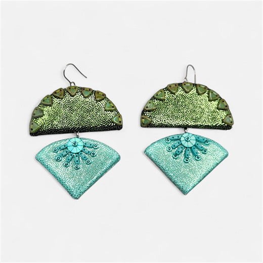 Large Emerald & Aqua Beaded Fan Statement Earrings - Handmade Textile Art Earrings - Etsy