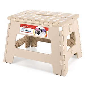 ACSTEP Folding Step Stool 9'' Non-Slip Folding Stools with Portable Handle for Adults Holds Up to 300 lbs, Plastic Foldable Step Stool for Bathroom, Bedroom, Kitchen, Khaki