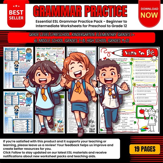 ESL Grammar Worksheets Pack – Beginner to Intermediate Levels (PDF Pattern - Etsy
