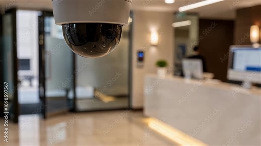 Security camera lens sharply framed near a reception area with a softly blurred passerby and indoor lighting creating a controlled access atmosphere.