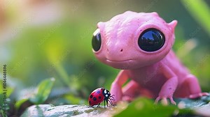 Pink alien with large eyes and tiny feet playing with ladybug on garden leaf Stock Video