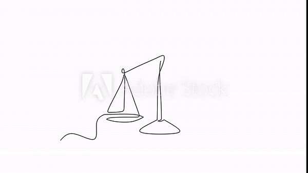 Scales of justice, Self drawing one line animation, Law, equality, and legal fairness.