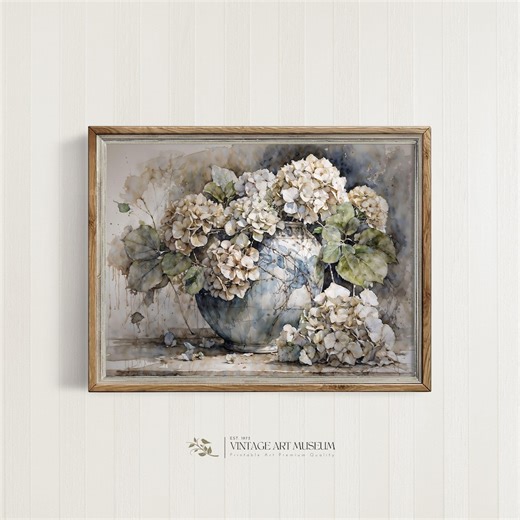 Vintage Hydrangea Watercolor Painting: Farmhouse Floral Still Life Print (digital Downloadable) | 16 - Etsy