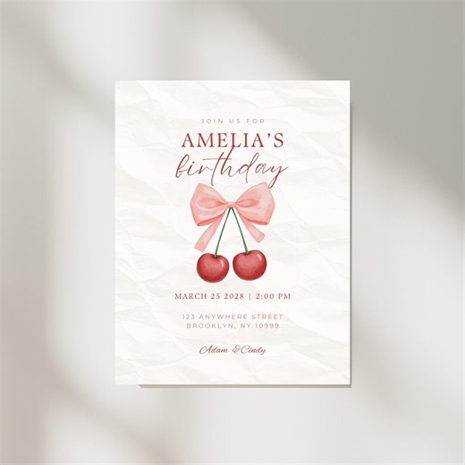 Cherry Birthday Invitation Template, Coquette Bow Party Invite, Editable Canva Design, Girl Party Card - Etsy