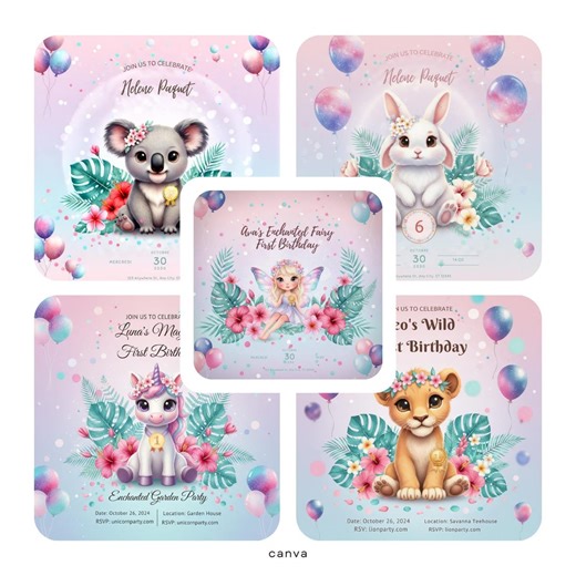 Editable Birthday Invitation Templates | Pastel Animals, Fairy, Unicorn (digital Download) - Etsy