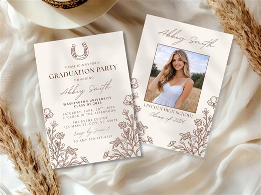 Rustic Graduation Party Invite, Western Boho Grad Invitation Template, Country Wildflowers Theme, Class of 2026 Evite, Girl Graduate Decor - Etsy