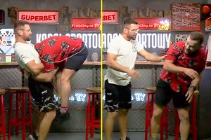 BAD IDEA UFC’s Mateusz Gamrot terrifies show host as he performs standing guillotine on him during live broadcast