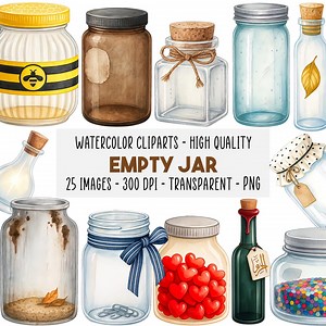 50 Empty Jar Watercolor Clipart PNG, Vintage Glass Jars, Bottles, Mason Apothecary Set, Scrapbooking, Labels, Craft Design, Instant Download - Etsy