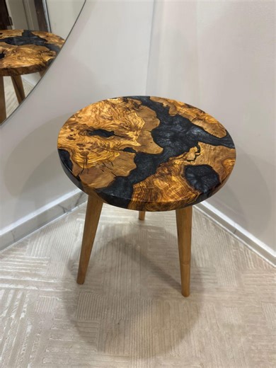 Olive Wood Epoxy Resin Side Table | Round Burl Wood Black River Design - Etsy