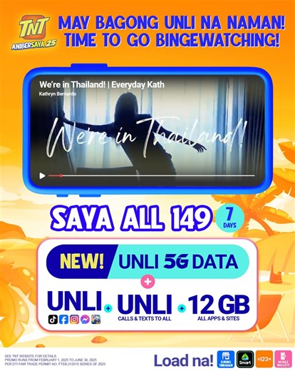 35K views · 181 reactions | Binge mode ON na sa TNT SAYA ALL 149 with UNLI 5G DATA pa!  Get UNLI 5G, UNLI social apps, UNLI calls & texts to all, PLUS 12GB for all sites and apps. Perfect ‘to sa content marathon mo!  ₱149 lang for 7 days, KaTropa! Load na via suking tindahan, Smart App, or mobile wallets: https://smrt.ph/SmartApp.FB | TNT PH | Facebook