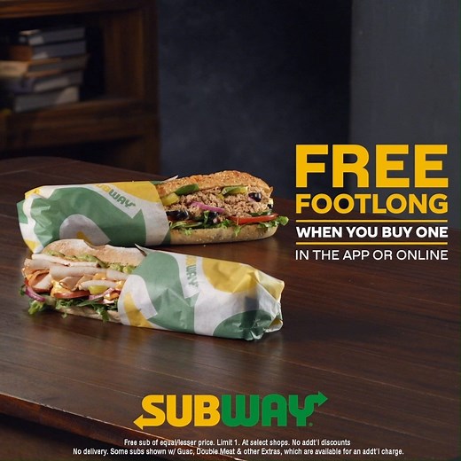 How to get a free footlong: 1) Buy one in the app 2) Get one free 3) That’s it! Order now: https://bit.ly/36AWBj0 | Subway