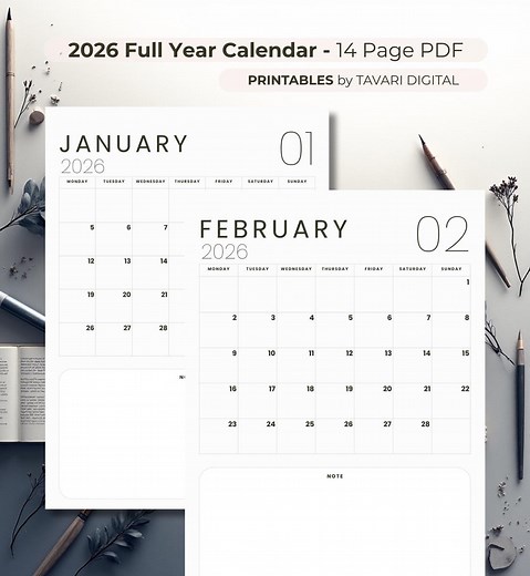 2026 Minimalist Yearly Calendar Printable | 12-month Planner   Notes & To-do Pages | A4 PDF - Etsy Australia